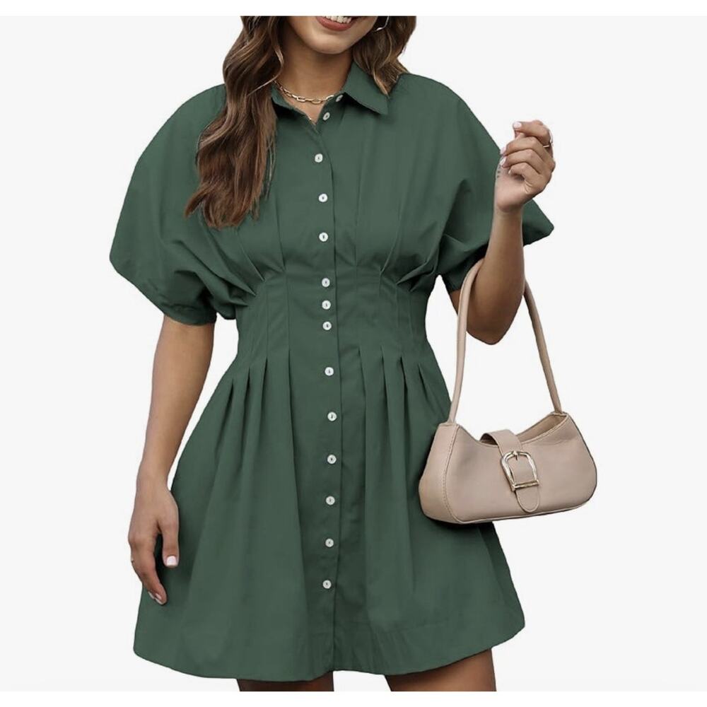 Senllen Womens XL Green Shirt Dress Button Short Sleeve Pockets Pleats Tobie - Picture 4 of 5